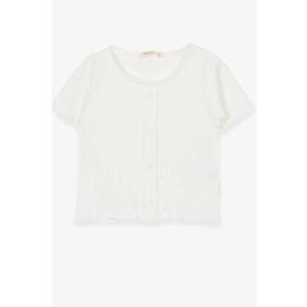 Breeze Ekru 8-14 Yaş Düğme Aksesuarlı Kız Çocuk T-shirt