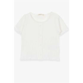 Breeze Ekru 8-14 Yaş Düğme Aksesuarlı Kız Çocuk T-shirt