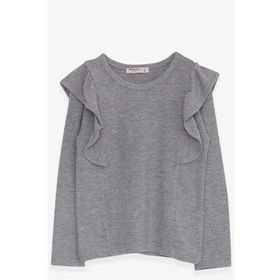 Breeze Gri 3-8 Yaş Omuzu Fırfırlı Kız Çocuk Uzun Kollu Bluz