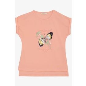 Breeze Kelebek Baskılı Somon 10-16 Yaş Kız Çocuk T-shirt