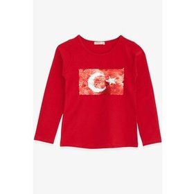 Breeze Kırmızı 4-14 Yaş Uzun Kollu Pullu Ay Yıldız Kız Çocuk T-shirt