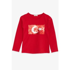 Breeze Kırmızı 4-14 Yaş Uzun Kollu Pullu Ay Yıldız Kız Çocuk T-shirt