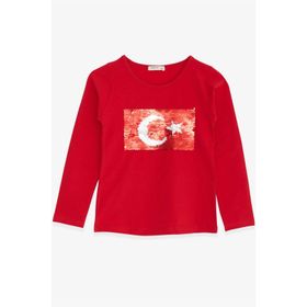 Breeze Kırmızı 4-14 Yaş Uzun Kollu Pullu Ay Yıldız Kız Çocuk T-shirt