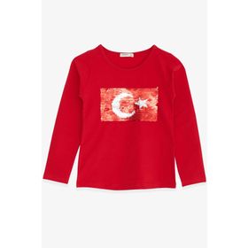Breeze Kırmızı 4-14 Yaş Uzun Kollu Pullu Ay Yıldız Kız Çocuk T-shirt