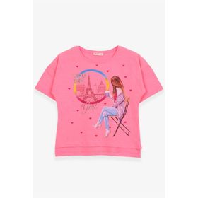 Breeze Neon Pembe 9-16 Yaş Kalpli Simli Baskılı Kız Çocuk T-shirt