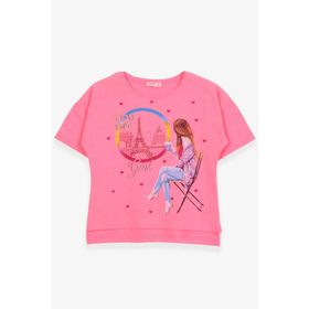 Breeze Neon Pembe 9-16 Yaş Kalpli Simli Baskılı Kız Çocuk T-shirt