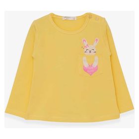 Breeze Sarı 1.5-5 Yaş Uzun Kollu Cepli Tavşancık Baskılı Kız Çocuk T-shirt