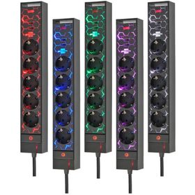 Brennenstuhl GSL 05 Serisi Led Aydınlatmalı 5 Soketli 1.5 mt Şarj Özellikli Renk Değiştirme Modlu Oyuncu Siyah Uzatma Kablosu