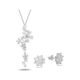 Brezza Lusso Çiçek Demeti Elegant Stylish Night Kadın Gümüş Kolye Küpe Seti