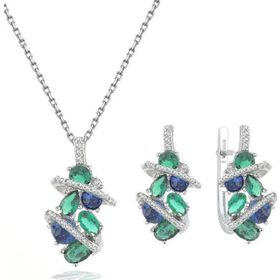 Brezza Lusso Zümrüt Oval Taşlı Luxury Kadın Gümüş Kolye Küpe Set