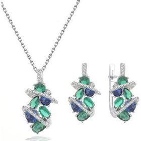 Brezza Lusso Zümrüt Oval Taşlı Luxury Kadın Gümüş Kolye Küpe Set