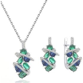Brezza Lusso Zümrüt Oval Taşlı Luxury Kadın Gümüş Kolye Küpe Set
