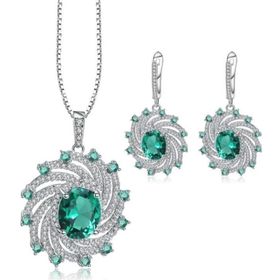 Brezza Lusso Zümrüt Oval Taşlı Luxury Vintage Kadın Gümüş Kolye Küpe Set