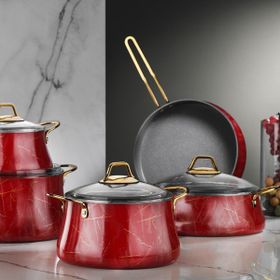 Brioni Marble 9 Parça Kırmızı Mermer Tencere Seti