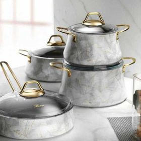 Brioni Marble Beyaz 7 Parça Mermer Granit Tencere Seti