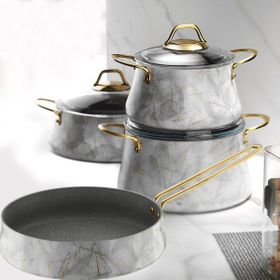 Brioni Marble Beyaz 7 Parça Mermer Granit Tencere Seti