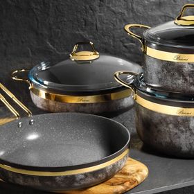 Brioni Royal Stone 7 Parça Kum Taşı Altın Taş Granit Tencere Seti