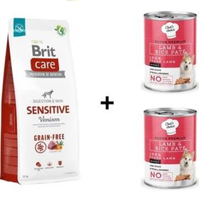 Brit Care 12 kg Tüm Irklar Için Sensitive Geyikli ve Patatesli Tahılsız Yetişkin Köpek Maması + 2x400 gr Chefs Choice Kuzulu Pirinçli Ezme Yetişkin Köpek Konseve Maması