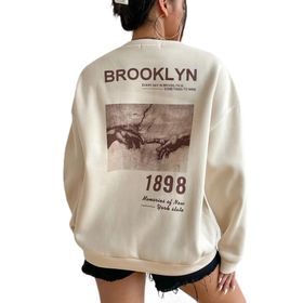 Brooklyn 1898 Bej Kadın Baskılı Bisiklet Yaka Oversize Sweatshirt