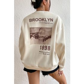 Brooklyn 1898 Bej Kadın Baskılı Bisiklet Yaka Oversize Sweatshirt