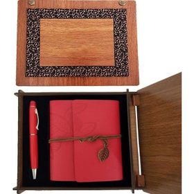 BSSM Hediyelik Ahşap Kutulu Kırmızı Deri Defter ve Metal Kalem Set