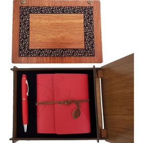 BSSM Hediyelik Ahşap Kutulu Kırmızı Deri Defter ve Metal Kalem Set