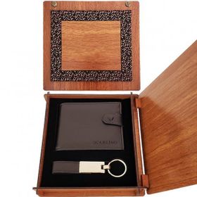 BSSM Hediyelik Mat Siyah Ahşap Kutulu Deri Cüzdan ve Anahtarlık Set