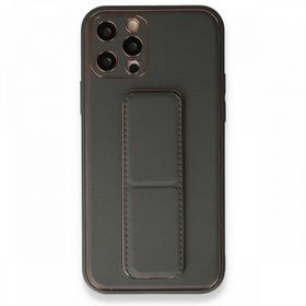 BSSM iPhone 12 Pro Coco Deri Standlı Kapak Füme Kılıf
