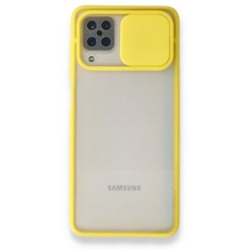BSSM Samsung Galaxy A12 Palm Buzlu Kamera Sürgülü Silikon Sarı Kılıf