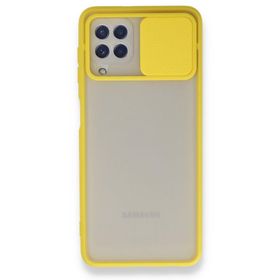 BSSM Samsung Galaxy A22 Palm Buzlu Kamera Sürgülü Silikon Sarı Kılıf