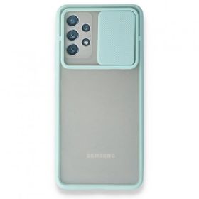 BSSM Samsung Galaxy A32 Palm Buzlu Kamera Sürgülü Silikon Turkuaz Kılıf