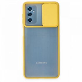 BSSM Samsung Galaxy M52 5G Palm Buzlu Kamera Sürgülü Silikon Sarı Kılıf