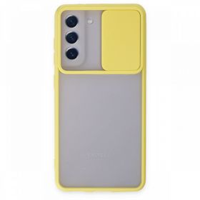 BSSM Samsung Galaxy S21 FE Palm Buzlu Kamera Sürgülü Silikon Sarı Kılıf