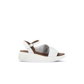 Bueno Shoes 01WA2402 Beyaz Deri Kadın Dolgu Topuklu Sandalet