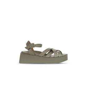 Bueno Shoes 01WA4301 Haki Deri Kadın Dolgu Topuklu Sandalet