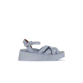 Bueno Shoes 01WA4301 Mavi Deri Kadın Dolgu Topuklu Sandalet