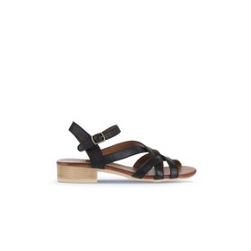 Bueno Shoes 01WA7300 Siyah Kahve Bej Deri Kadın Az Topuklu Sandalet