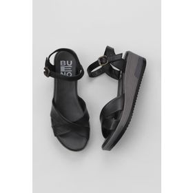 Bueno Shoes 01WL3303 Siyah Deri Kadın Dolgu Topuklu Sandalet