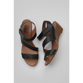 Bueno Shoes 01WN3720 Siyah Deri Kadın Dolgu Topuklu Sandalet