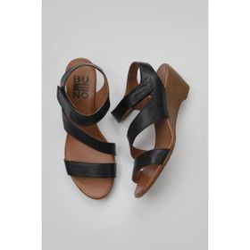 Bueno Shoes 01WN3720 Siyah Deri Kadın Dolgu Topuklu Sandalet