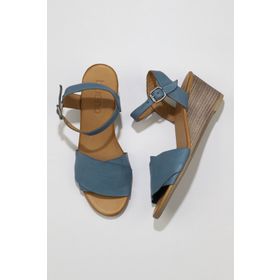 Bueno Shoes 01WQ8601 Mavi Deri Kadın Dolgu Topuklu Sandalet