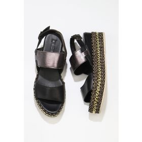 Bueno Shoes 01WS5200 Siyah Kurşun Deri Kadın Dolgu Topuklu Espadril Sandalet