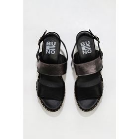 Bueno Shoes 01WS5200 Siyah Kurşun Sole Deri Kadın Dolgu Topuklu Sandalet