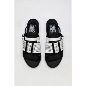 Bueno Shoes 01WU3010 Siyah Beyaz Deri Kadın Düz Sandalet