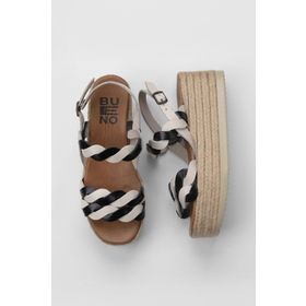 Bueno Shoes 01WU6119 Siyah Bej Parlak Deri Kadın Dolgu Topuklu Espadril Sandalet