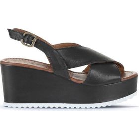 Bueno Shoes 01WU7001 Siyah Deri Kadın Dolgu Topuklu Sandalet