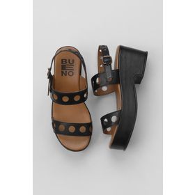 Bueno Shoes 01WU8105 Siyah Kahverengi Deri Kadın Dolgu Topuklu Sandalet