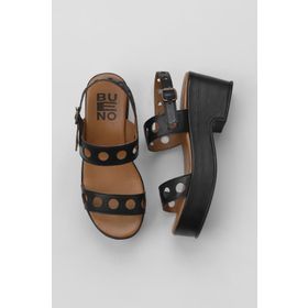 Bueno Shoes 01WU8105 Siyah Kahverengi Deri Kadın Dolgu Topuklu Sandalet