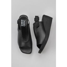 Bueno Shoes 01WY2405 Siyah Deri Kadın Dolgu Topuklu Sandalet