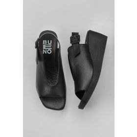 Bueno Shoes 01WY2405 Siyah Deri Kadın Dolgu Topuklu Sandalet